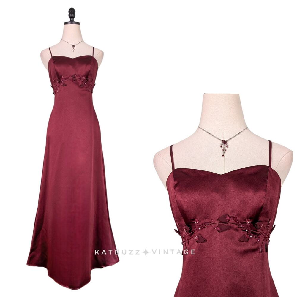 Vintage Prom Dress Maxi Gown 4 Red Babydoll Bead Floral Goth Princess Regency